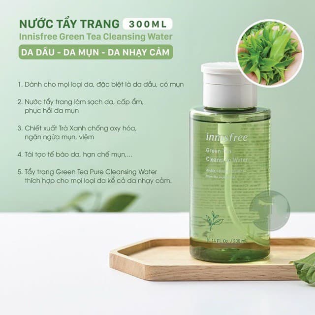 [HCM]Nước Tẩy Trang Cho Da Dầu Mụn Innisfree Green Tea Cleansing Water 300ml