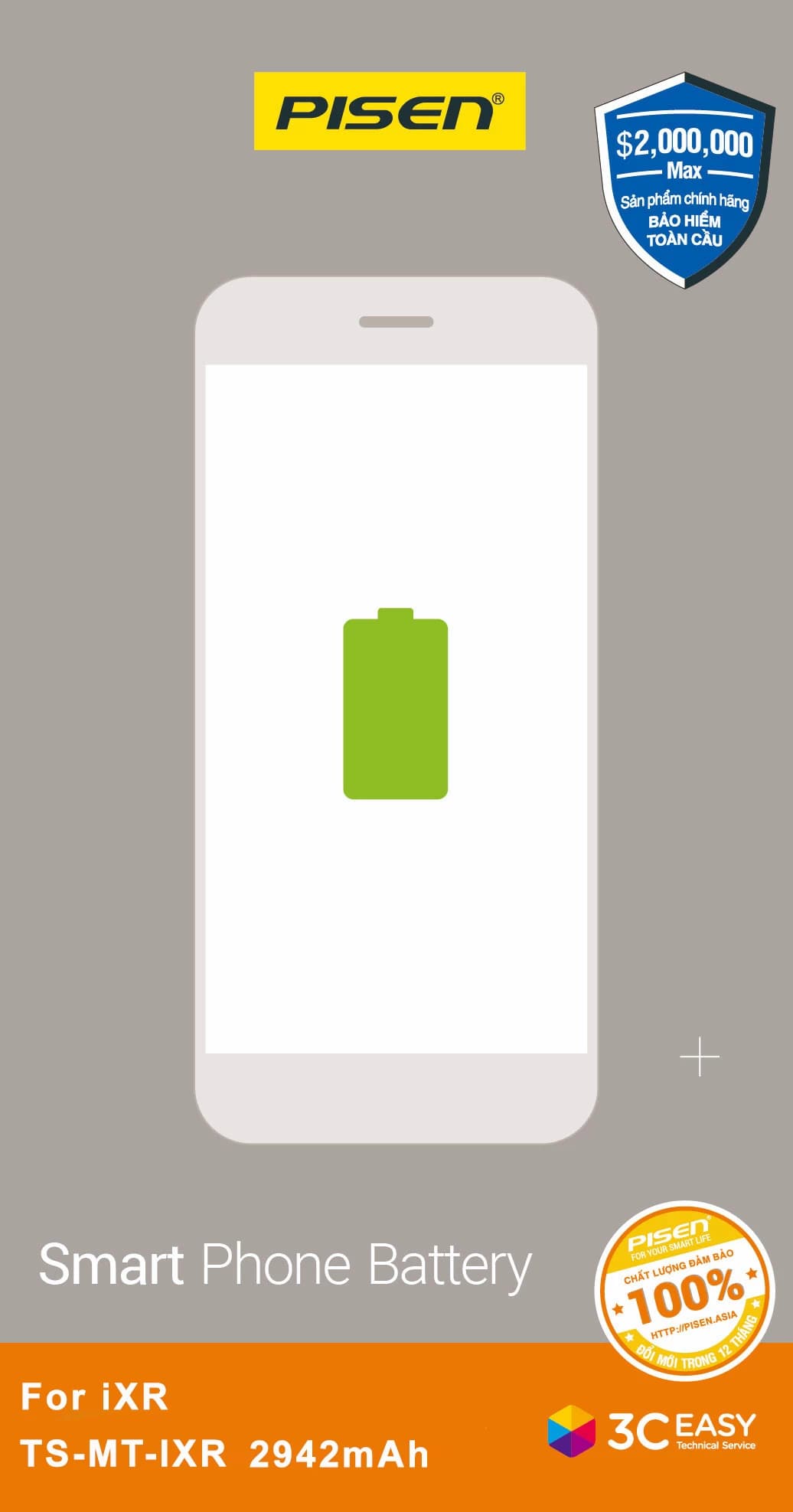 Pin iPhone XR Chính Hãng PISEN (Dung lượng chuẩn 2942mAh)