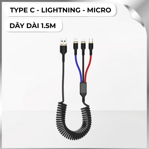 Cáp sạc nhanh và truyền dữ liệu 3 đầu USB A - Type C Lightning Micro USB 18W 1.5m Golf GC-72X