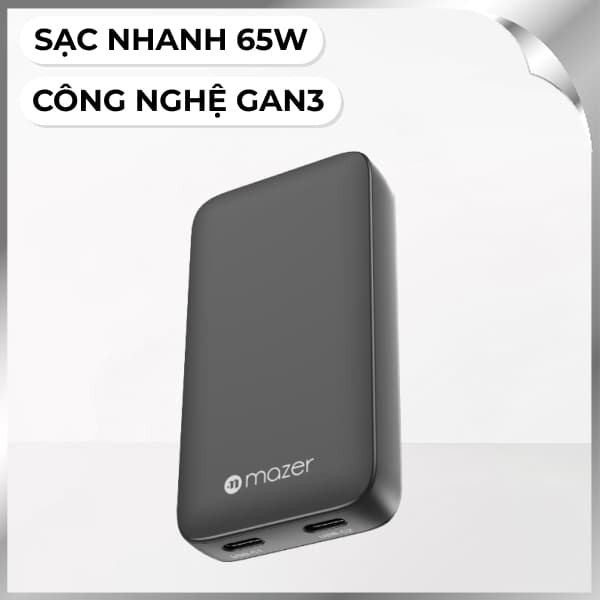 Sạc nhanh 2 cổng Type-C PD GaN 65W Mazer M-G65SLIM2C-BK