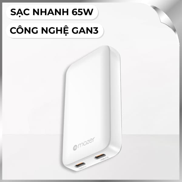 Sạc nhanh 2 cổng Type-C PD GaN 65W Mazer M-G65SLIM2C-WH