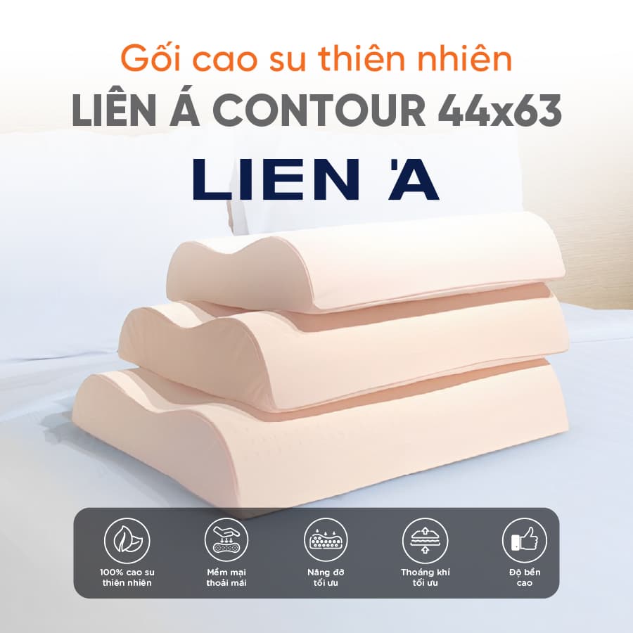 Gối Nằm Cao Su Thiên Nhiên Liên Á Contour- Chống đau mỏi vai gáy, hỗ trợ giấc ngủ, chống ngáy-100 cao su thiên nhiên - 44x63x11 cm